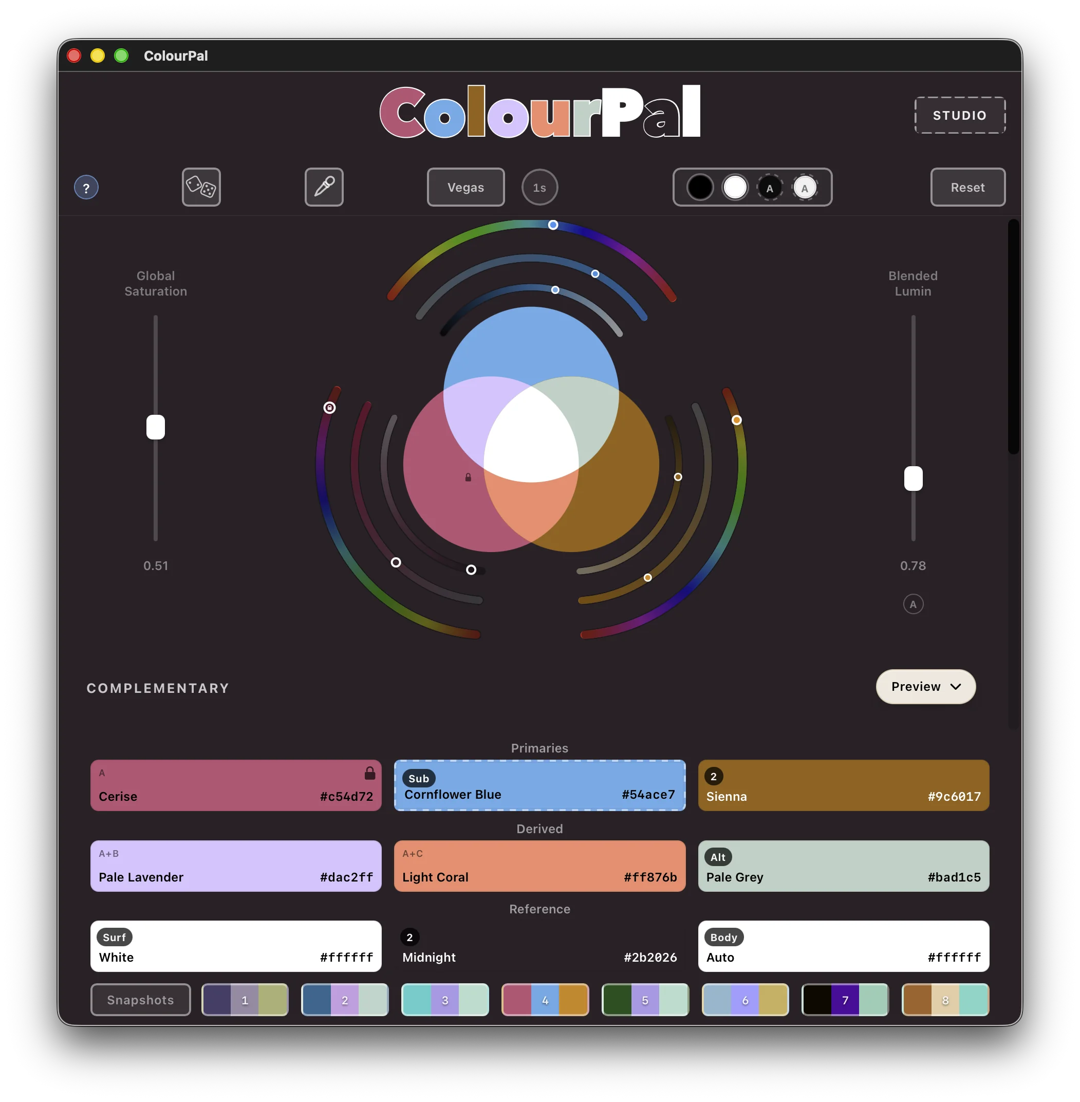 ColourPal editing view showing the Venn diagram of three primaries blending into a seven-colour palette