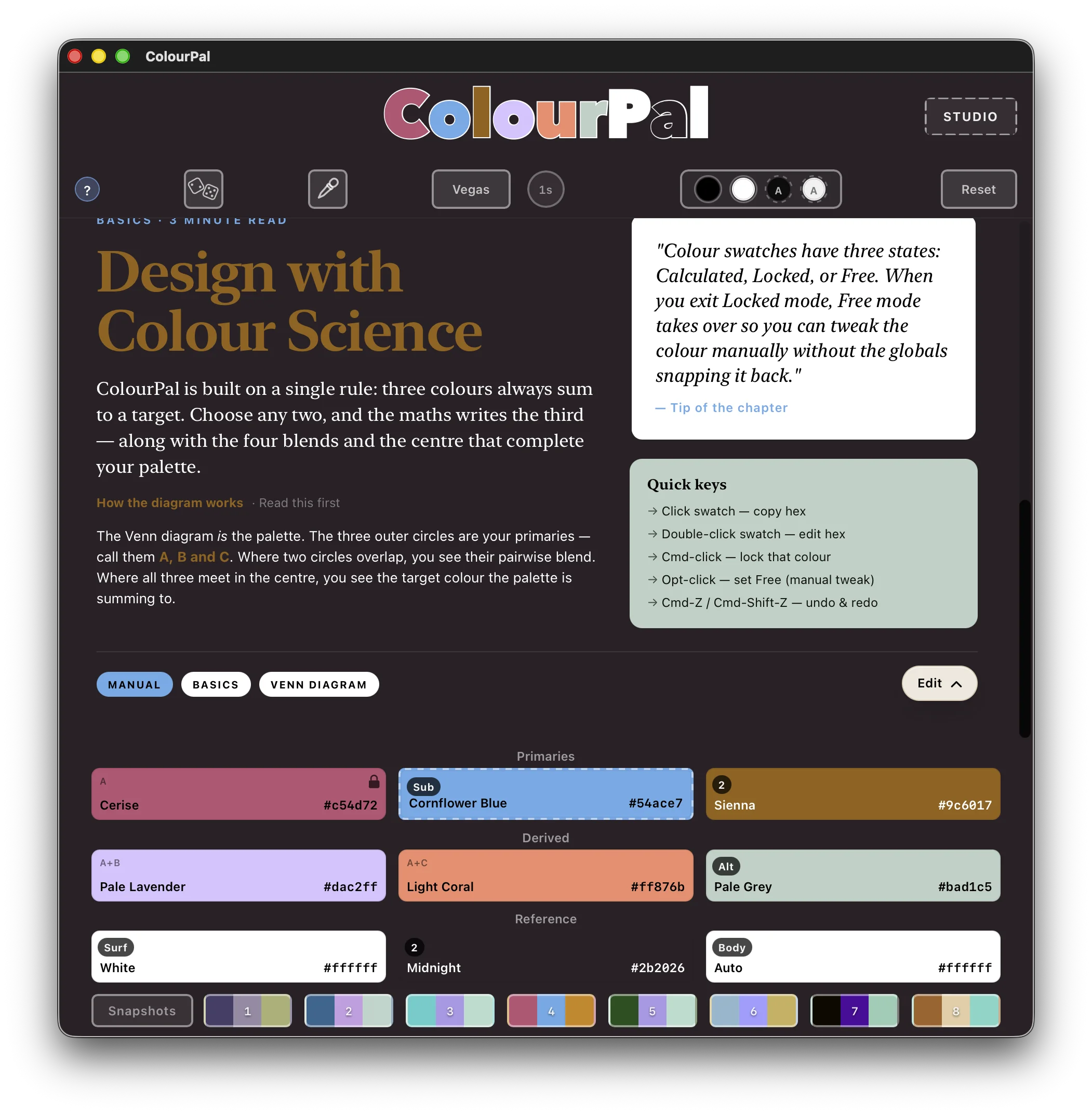 ColourPal live editorial preview, with article headings, body text and surfaces all coloured from the active palette